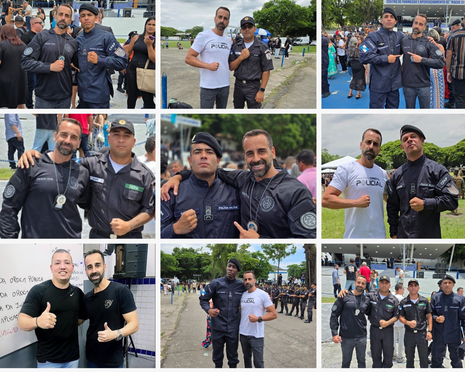O mentor ao lado de alunos da Mentoria Direito Policial em cerimônias de formação da Polícia Militar