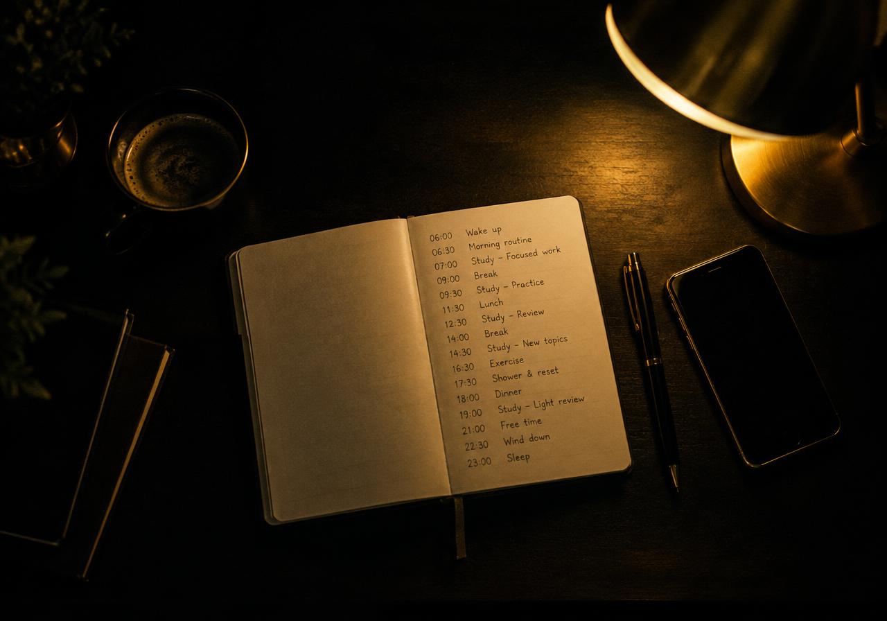 Mesa de estudo à noite com cronograma aberto sob luz dourada